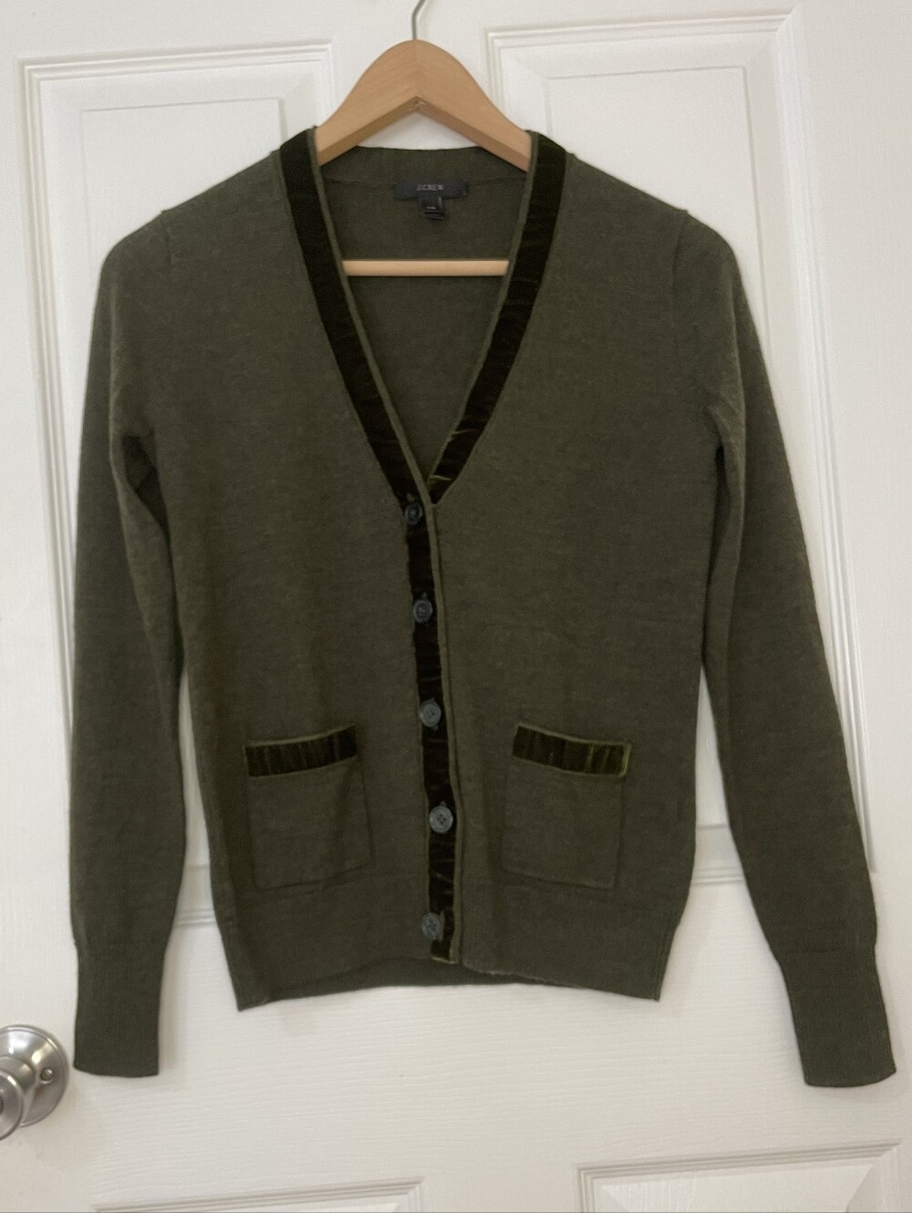 J. Crew Olive Green Velvet-Trim V-Neck Cardigan Size XXS